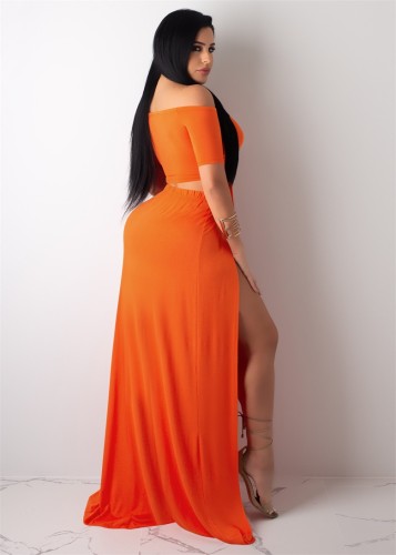 Off Shoulder Orange Cutout Top & High Slit Maxi Skirt