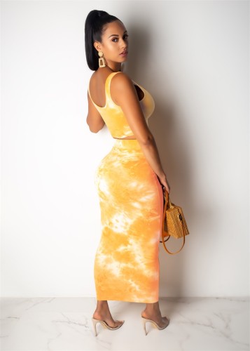 Printed Tank Top and Tie Front Midi Skirt-Yellow
