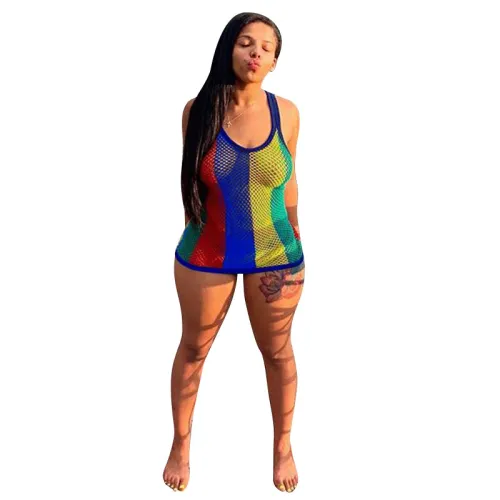 Vertical Stripe Mesh Mini Cami Dress
