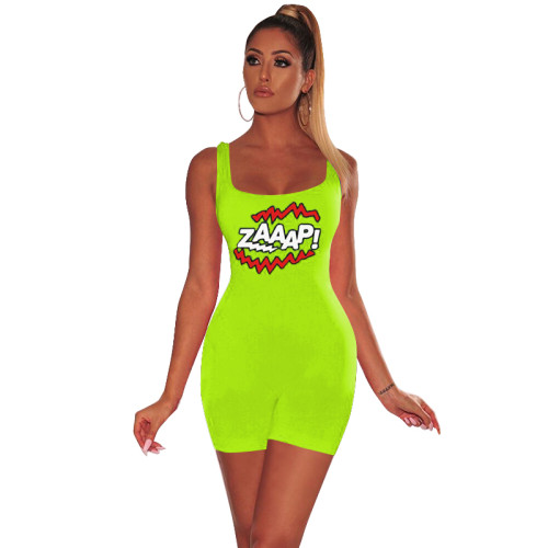 Letter Print Sports Rompers-Green
