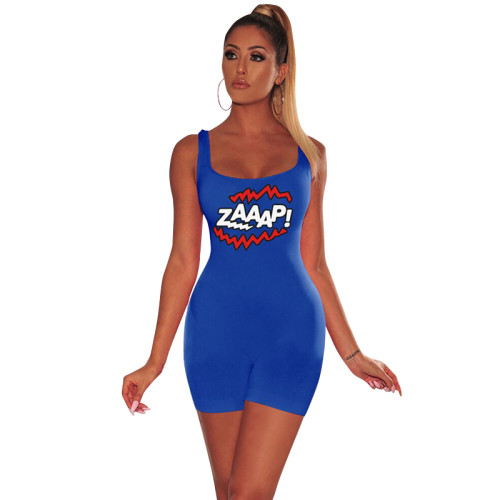 Letter Print Sports Rompers-Blue