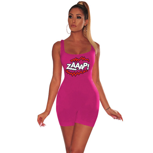 Letter Print Sports Rompers-Hot Pink