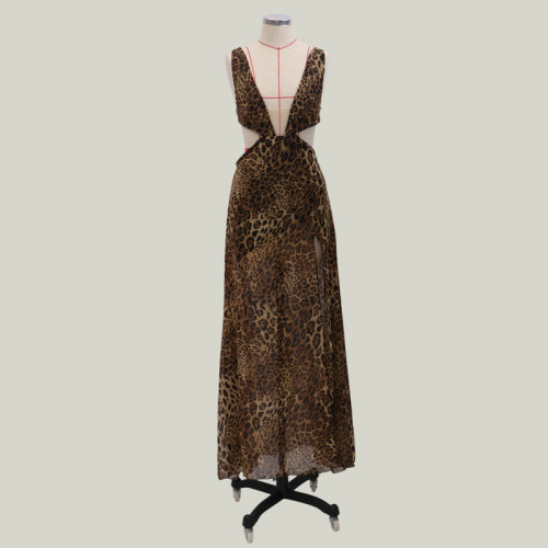Leopard Print Plunge Slit Maxi Dress