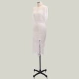 White Lace Half Sleeve Slit Wave Hem Midi Dress