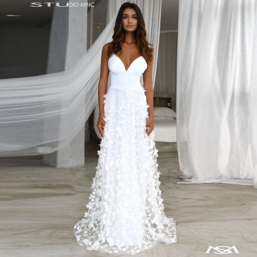 White Flower Applique Strap Wedding Dress