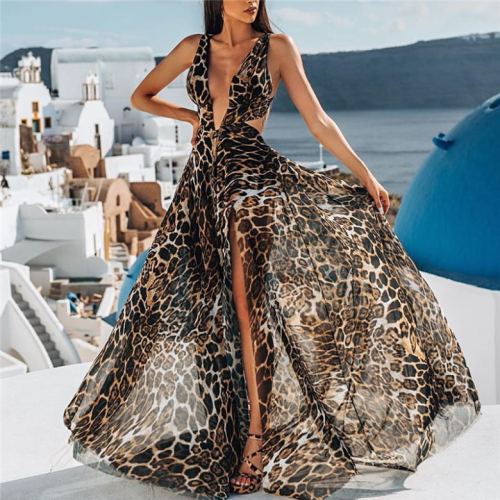 Leopard Print Plunge Slit Maxi Dress