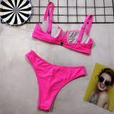 Hot Pink Ribbed V Bar High Cut Bikini Set