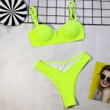 Neon Green Ribbed V Bar High Cut Bikini Set