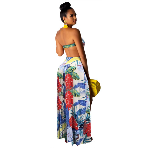 Strapless Hollow Out Tropical Print Slit Maxi Dress