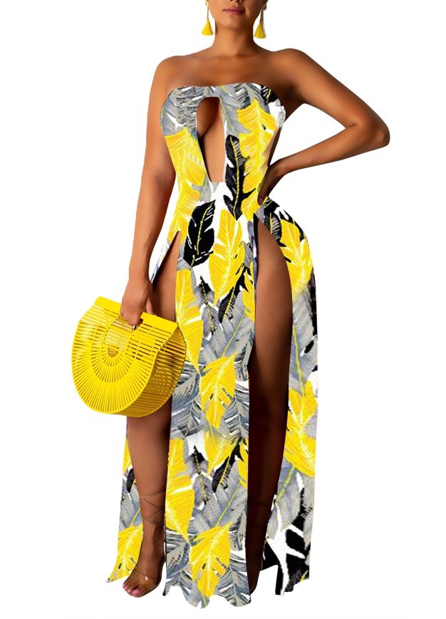 Cutout Strapless Leaf Print Double Slit Maxi Dress