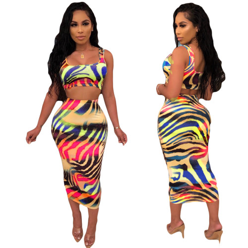 Multicolor Zebra Print Tank Top & Midi Skirt