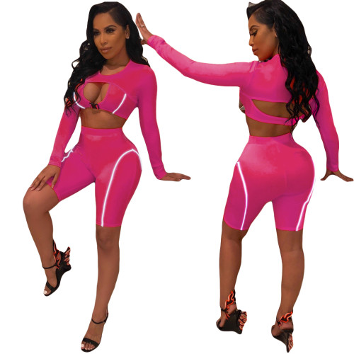 Hot Pink Slinky Keyhole Crop Top and Shorts Set