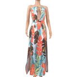 Tropical Print Hollow Out Strapless Slit Long Dress