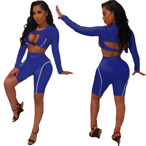 Blue Tight Hollow Out Crop Top and Shorts Set