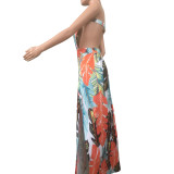 Tropical Print Hollow Out Strapless Slit Long Dress