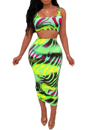 Zebra Print Colorful Bodycon Crop Top & Midi Skirt
