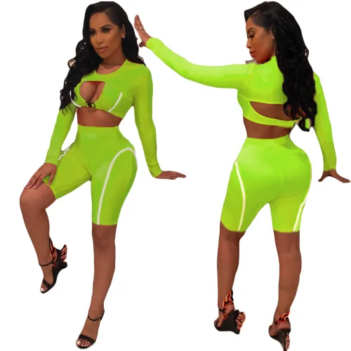 Green Cutout Bodycon Crop Top and Shorts Set