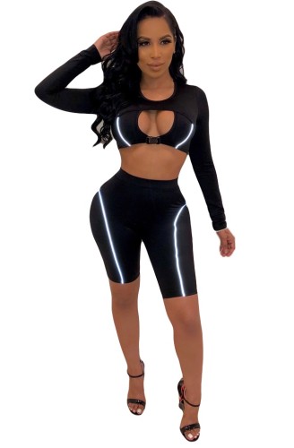 Black Keyhole Bodycon Crop Top and Shorts Set