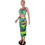 Zebra Print Colorful Bodycon Crop Top & Midi Skirt
