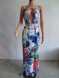 Strapless Hollow Out Tropical Print Slit Maxi Dress
