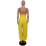Low Back Halter Yellow Ruched Lantern Jumpsuit
