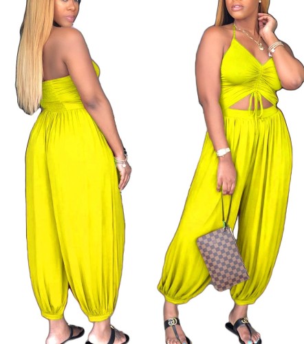 Low Back Halter Yellow Ruched Lantern Jumpsuit