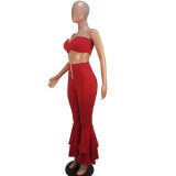 Red Bandeau Top and Layer Flare Pants Set
