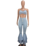 Blue Bandeau Top and Tiered Flare Pants Set