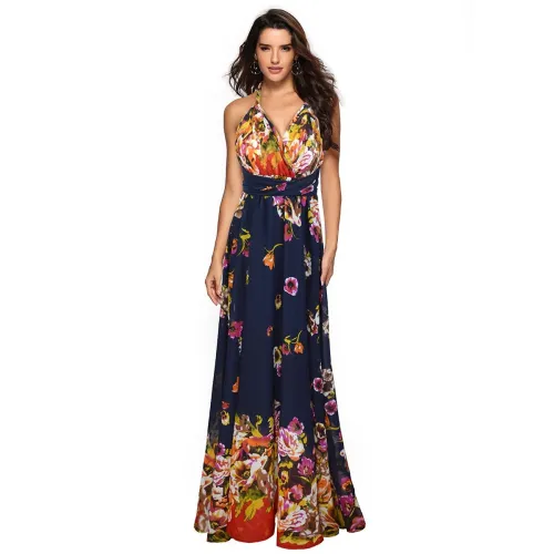 Navy Blossom Print Multiway Chiffon Maxi Dress