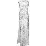Silver Sequin Strapless Slit Prom Dress