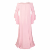 Pink Off Shoulder Bell Sleeve Plus Size Maternity Maxi Dress