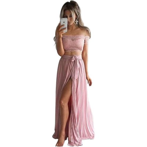 Pink Lace Crop Top and Slit Pleated Long Skirt