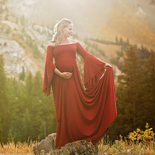 Red Off Shoulder Bell Sleeve Plus Size Maxi Maternity Dress
