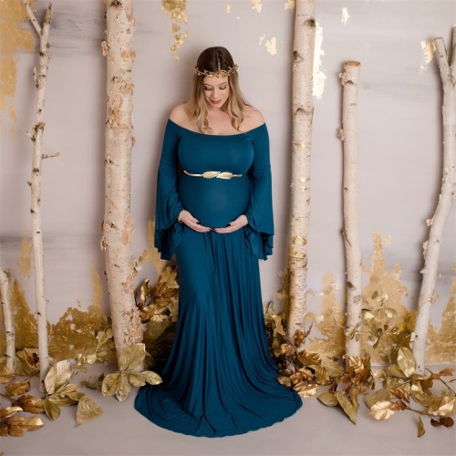 Lake Blue Off Shoulder Bell Sleeve Plus Size Maxi Maternity Dress