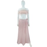 Pink Lace Crop Top and Slit Pleated Long Skirt