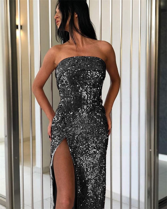 Black Sequin Strapless Slit Prom Dress