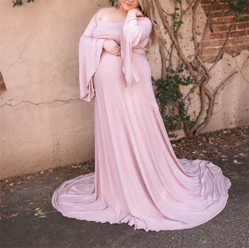 Pink Off Shoulder Bell Sleeve Plus Size Maternity Maxi Dress
