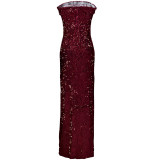 Wine Red Sequin Strapless Slit Prom Dress