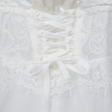 White Lace Applique Cap Sleeve Lace Up Back Prom Dress