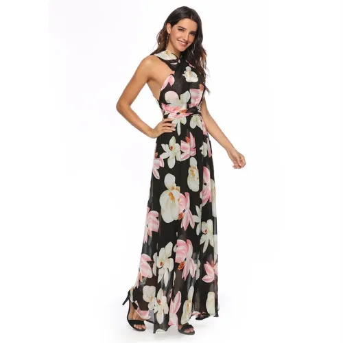 Multiway Black Orchid Print Chiffon Maxi Dress