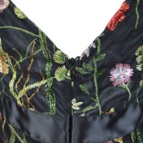 Deep V Black Floral Embroidery Mesh Evening Dress