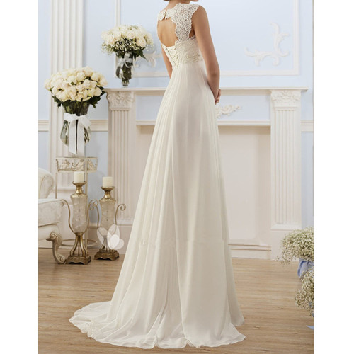 White Lace Applique Cap Sleeve Lace Up Back Prom Dress