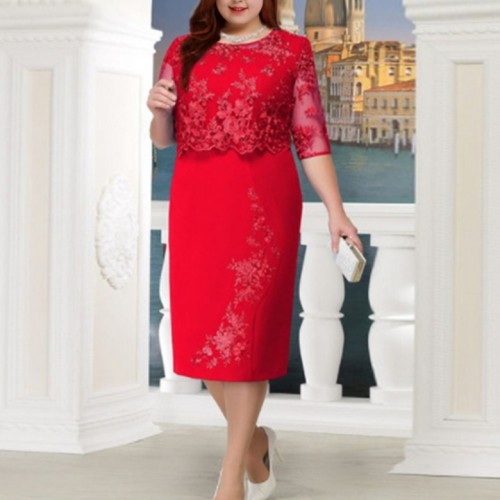 Red Plus Size Lace Splicing Midi Dress