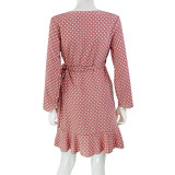 Pink Long Sleeve Polka Dot Ruffle Wrap Short Casual Dress