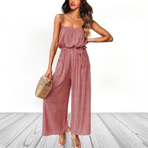 Burgundy Striped Strapless Wide Leg Jumpsuit