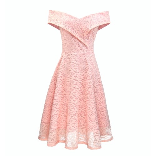 Pink Off Shoulder Lace Midi Skater Dress