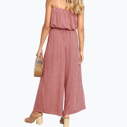 Burgundy Striped Strapless Wide Leg Jumpsuit