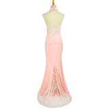 Lace Splice Halter Pink Maxi Mermaid Evening Dress