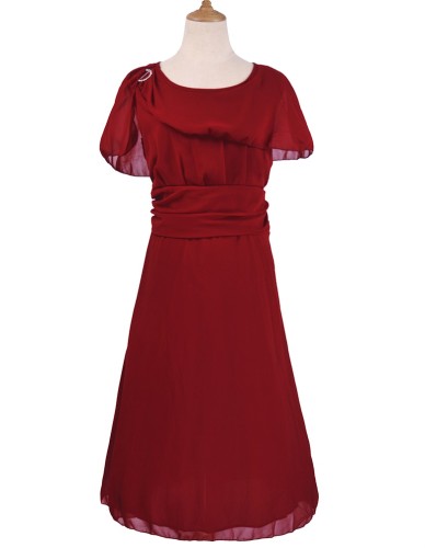 Plus Size Burgundy Chiffon A Line Ruched Waist Midi Dress