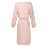 Pink 3/4 Sleeve Waist Tie Button Down Casual Dress